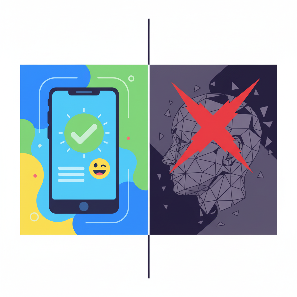 Digital collage showing the pros of AI therapy (phone with green check) and cons (fragmented head with red X)