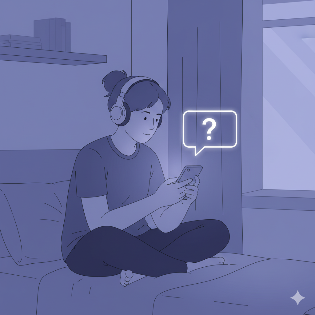Vector illustration of a young person on a bed, headphones on, looking at phone with a chat bubble, symbolizing anonymous digital therapy.